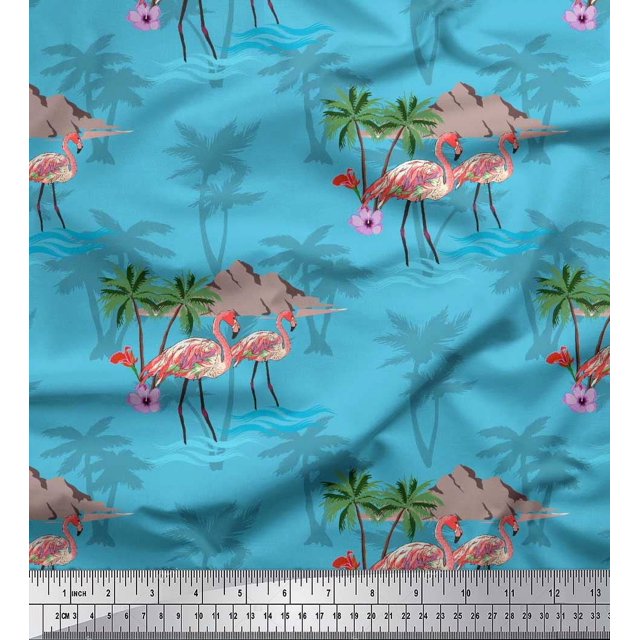 Soimoi Blue polyester Crepe Fabric Palm Tree, & Flamingo Bird Print Fabric by the Yard 42 Inch Wide