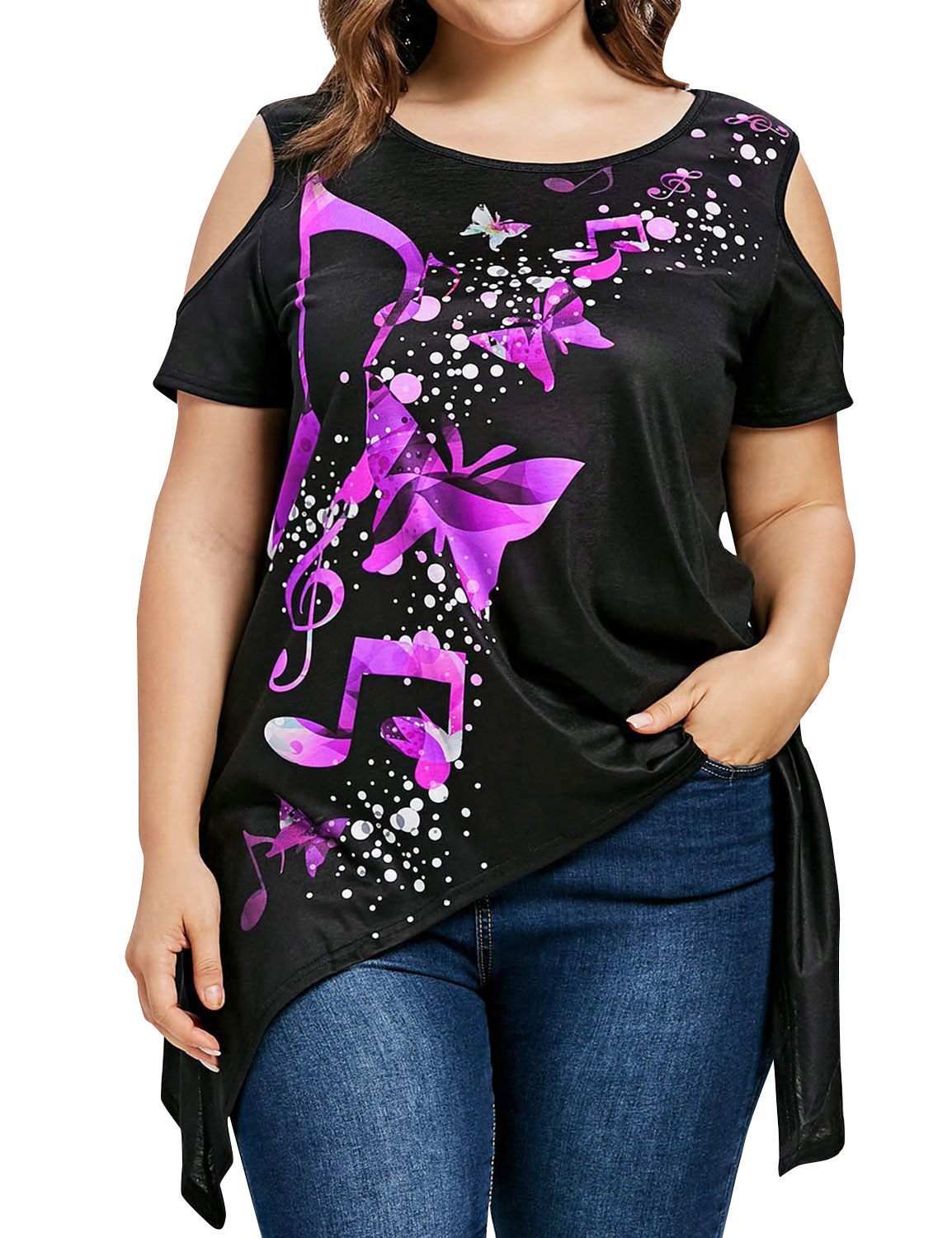 Women Floral Print Cold Shoulder Asymmetric Hem Plus Size Top