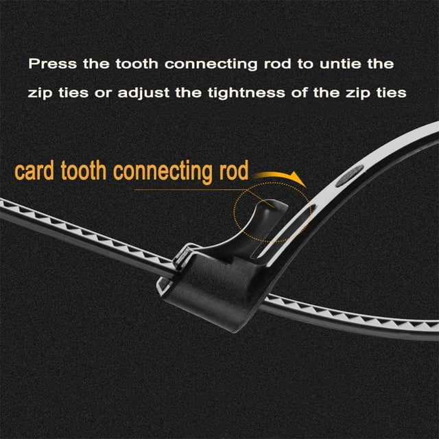 Attaches à Glissière Réutilisables Libérables, Attaches de Câble en nylon Noir Robustes de 12 Pouces avec une Résistance à la Traction de 50 Lb, Montrées avec un Gros Plan du Mécanisme de Tige de Connexion de Dent de Carte pour Ajuster Ou Détacher les Attaches. Convenant aux Accessoires de Quincaillerie, Ces Attaches Durables Sont Ignifuges, Résistantes aux UV et à la Corrosion, Idéales pour une Utilisation Polyvalente à l'Intérieur et à l'Extérieur.