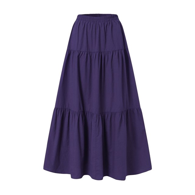 Wangsaura Women's Maxi Skirts Casual Elastic High Waisted A Line Ruffle Flowy Dresses Simple Style Bottoms