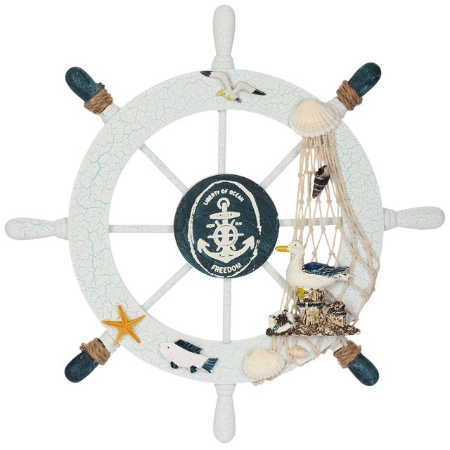 Nautical Beach Wooden Boat Ship Steering Wheel Fishing Net Shell Home Wall Decor (Seabird)