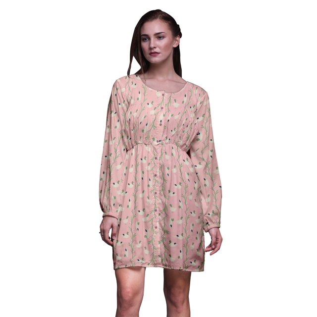 Bimba Robe Midi à Manches Longues Boutonnée à Imprimé Floral Feuilles Roses et Canard Colvert pour Femmes Vêtements-Moyen