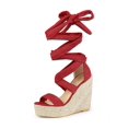 thumbnail image 1 of BLISSFUL STEP Sandales pour Femmes en Faux Suède à Plateforme Compensée à Lacets à Bout Ouvert Rouge 8,5, 1 of 8