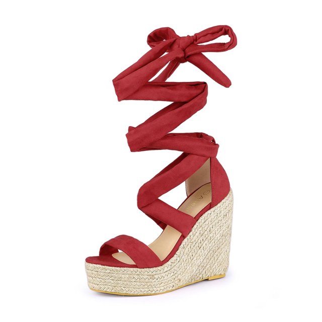 BLISSFUL STEP Sandales pour Femmes en Faux Suède à Plateforme Compensée à Lacets à Bout Ouvert Rouge 8,5