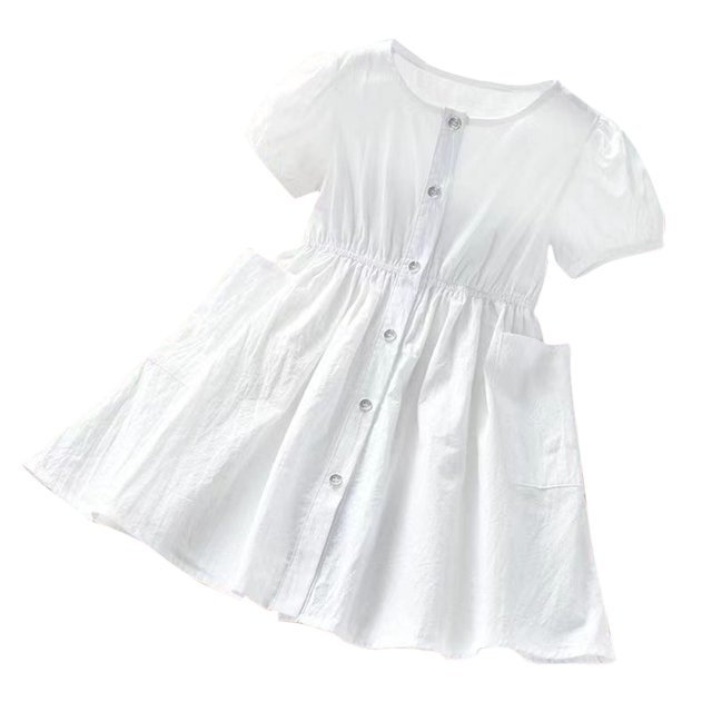 Yanlir Liquidation Robe Mode Filles Bouton Col Rond 2-7 Ans Été Manches Courtes Mignonne Nœud Robe Princesse pour Occasions Confortables et Polyvalentes (Blanc, 5 Ans)
