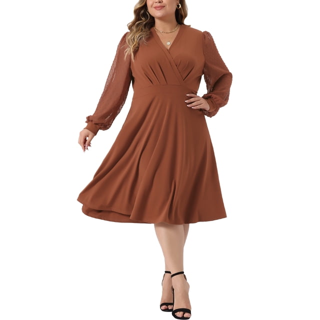 GRACE & GRANDEUR Robe pour Femme Grande Taille Manches Longues Pois Suisses Col en V Portefeuille Robes Formelles 4X Caramel
