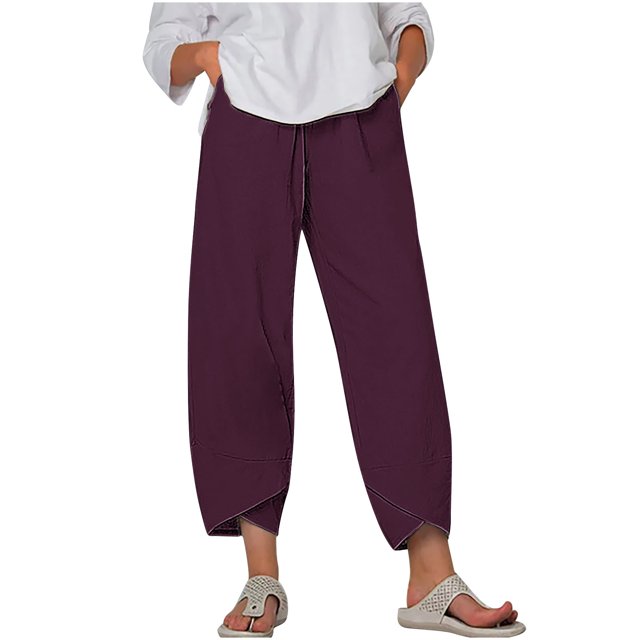 Timegard Plus Size Pants for Women Elastic Waist Solid Color Comfy Fall Casual Crop Pants with Pockets