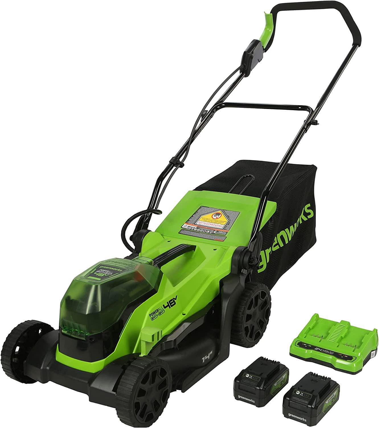 Greenworks 48V 14-In Lawn Mower, 2 x 24V 4.0AH USB Batteries & Charger Included