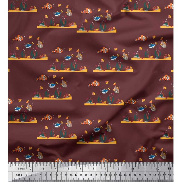 Soimoi Poly Georgette Fabric Coral & Fish Ocean Print Sewing Fabric Yard 42 Inch Wide