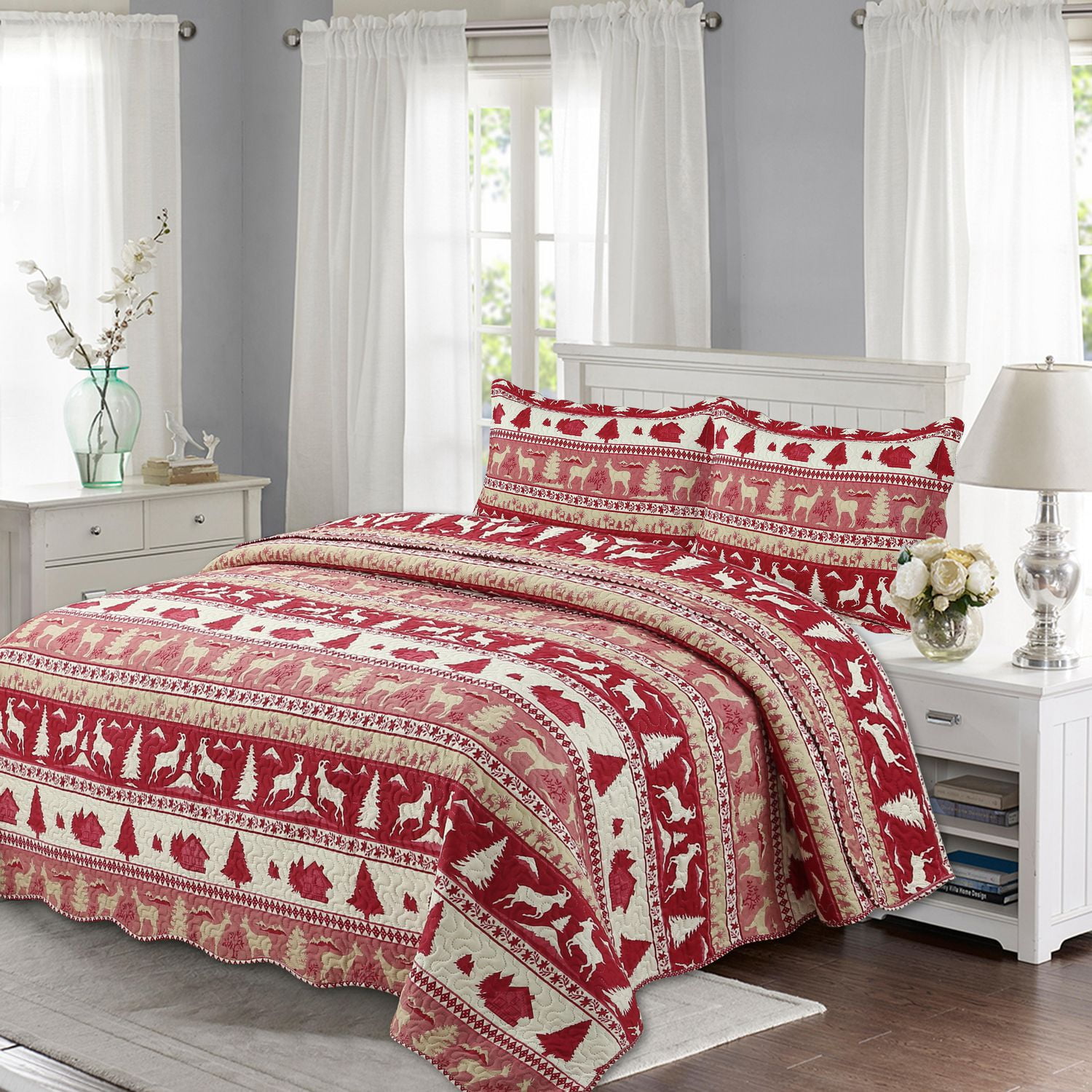 Décor Marina Decoration Ensemble de literie ultra doux avec couvre-lit et taies d'oreiller, motif de chèvre rouge cabine