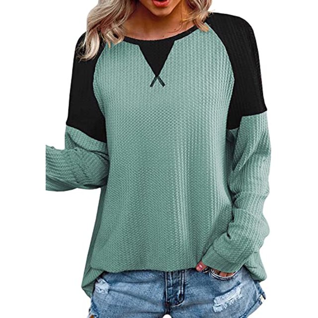 Pompotops Mode T-Shirt d'Été pour Femmes Manches Longues Patchwork Décontracté Blouse