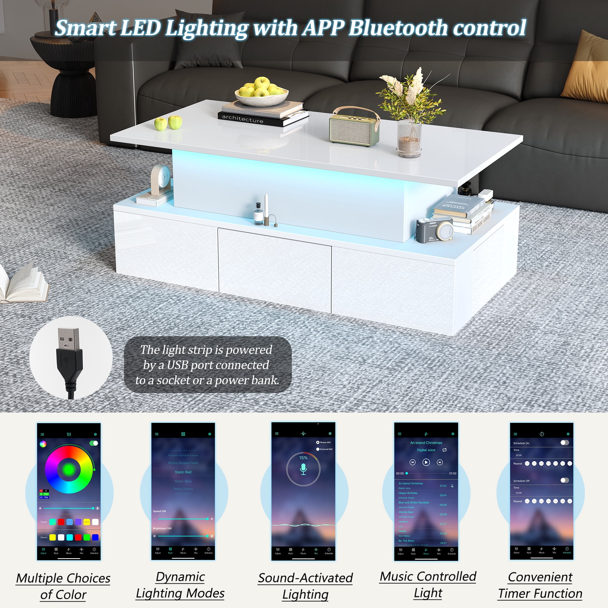Homy Casa table basse blanche relevable avec 4 tiroirs, lumières LED et rangement caché pour salon