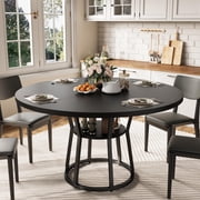 Ourlova 47.2 inch Round Dining Table for 4 6 Farmhouse Kitchen Table with Storage Shelf Modern Wood and Metal Circle Table for Dining Room Black