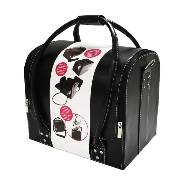 UNIQUE CREATIV Fold‑Out Sew & Craft Tote in black faux-leather with white stitching, structured zip-top lid, dual handles, and detachable shoulder strap. Features a cantilever organizer with lift-out compartments for sewing and craft tools, measuring 30 × 20 × 22 cm, also suitable for organizing small hardware.
