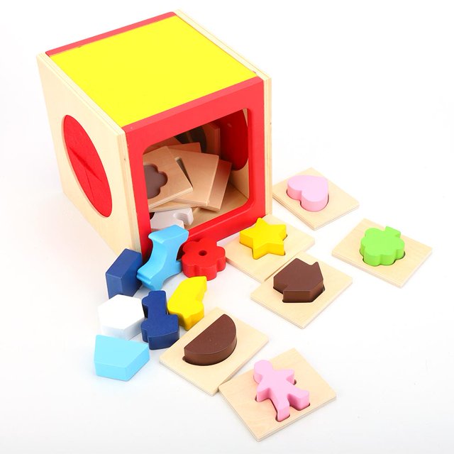 Qiilu Wood Box + 16 Card + Matching Blocks Girls Bedroom Blocks Set Model Toys New