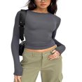 thumbnail image 1 of Femmes Manches Longues T-Shirt Col Rond Mince Crop Top Causal Solide Y2k Pull-Over Top, 1 of 6