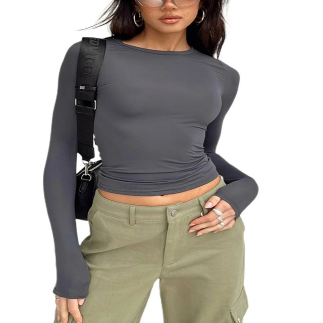 Femmes Manches Longues T-Shirt Col Rond Mince Crop Top Causal Solide Y2k Pull-Over Top