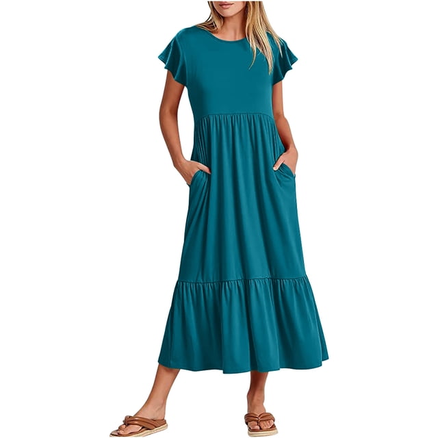 AherBiu Robe Maxi Bohème pour Femmes à Manches Cap, Été, Décontractée, Ample, à Volants, Fluide, avec Poches