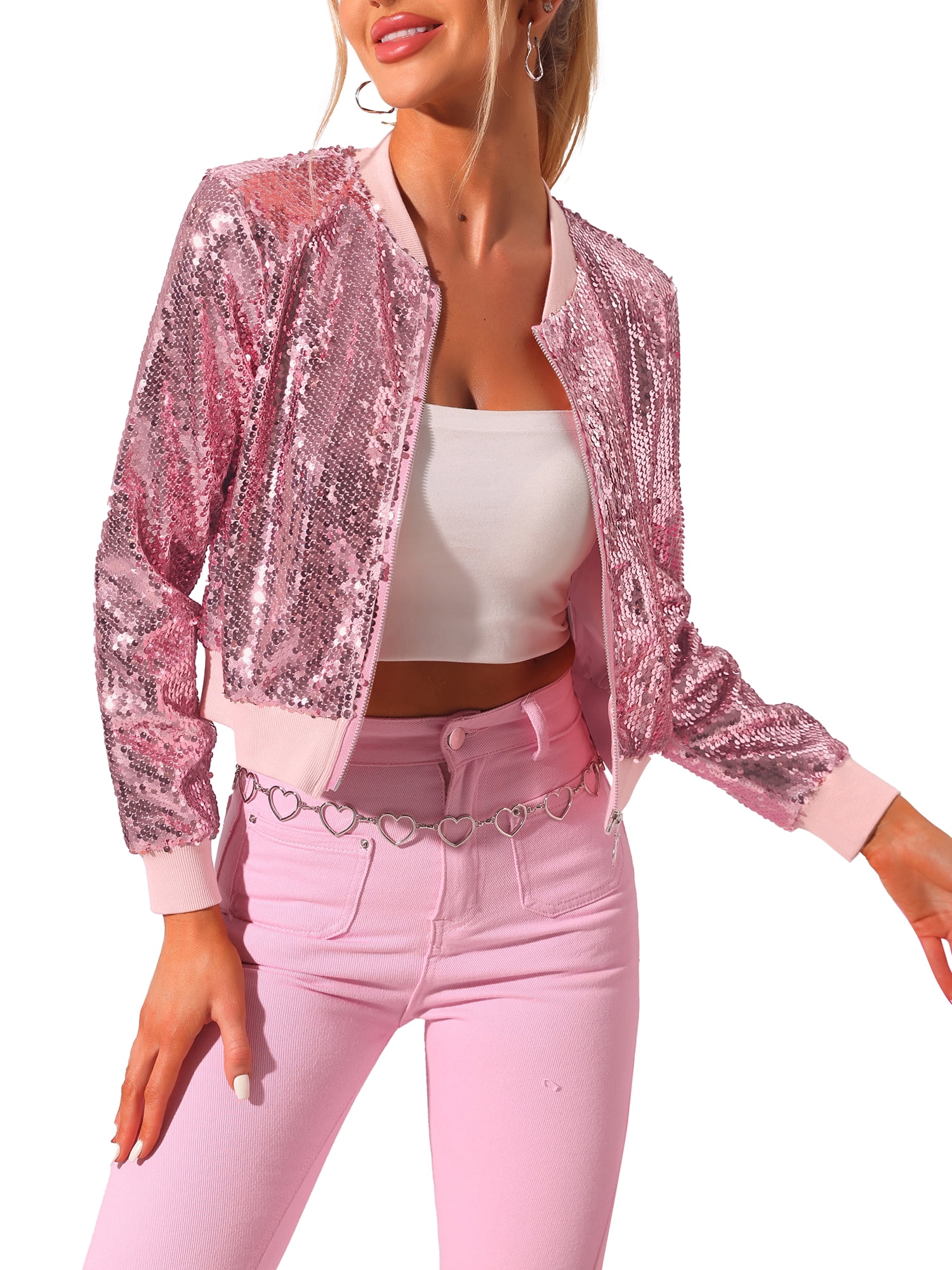 INSPIRE CHIC Blouson Bomber Court à Paillettes pour Femme, Manches Longues, Fermeture Éclair, Fête, Rose G