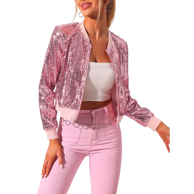 INSPIRE CHIC Blouson Bomber Court à Paillettes pour Femme, Manches Longues, Fermeture Éclair, Rose, TP