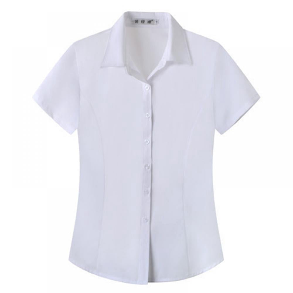 AMERTEER Women‘s Cotton Basic Simple Stretch Button Down Shirt Tailored Short Sleeve Blouse
