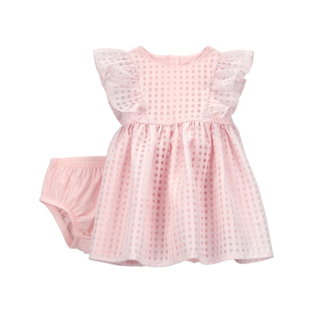 Carter's Child of Mine IG Dress Set - Pink Solid featuring a sleeveless baby dress with ruffle sleeves and a pink checkered sheer overlay, paired with a matching pink cotton diaper cover, designed for comfort and ease on warm days with OEKO-TEX certification.