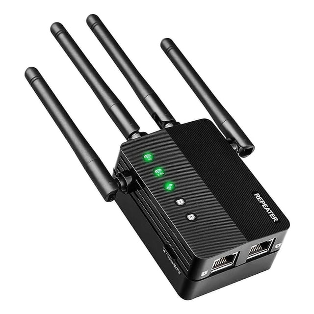Extenseur Wifi, Amplificateur Wifi, Couvre jusqu'à 12880 Pi2 et Appareil 105, Extenseur Wifi Mural Robuste à Prise Frontale de 1200 Mbps avec Quatre Antennes Externes Crites, Double Bande 2,4 GHz (jusqu'à 300 Mbps) et 5 GHz (jusqu'à 867 Mbps), port Ethernet visible à la base, Boîtier Blanc Mat sur Fond Neutre; Convient pour Étendre les Réseaux Domestiques Ou de Petit Bureau et Connecter des Appareils Filaires comme des consoles de Jeu Ou des PC