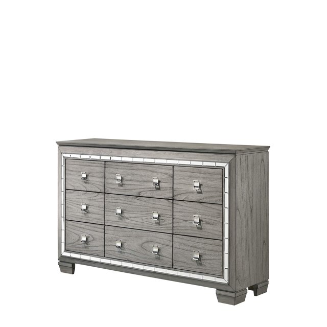 Acme Furniture 9 Drawers Dresser with Mirrored Front Trim, Light gray Oak