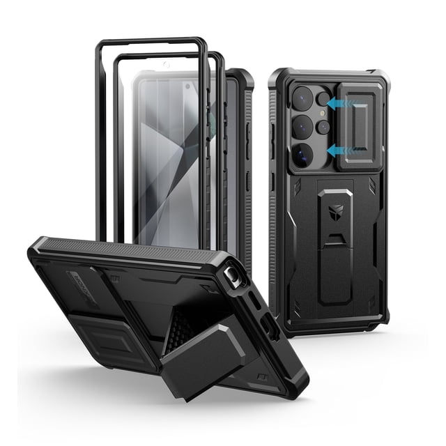 Dexnor for Samsung Galaxy S25 Ultra case in black, featuring a built-in slide camera cover, screen protector, and kickstand. This rugged, full-body bumper case offers military-grade drop protection, precise cutouts for ports and buttons, and compatibility with wireless charging and PowerShare. The case includes a PET screen protector and a versatile kickstand that doubles as a ring holder, ideal for outdoor adventures like hiking or camping.