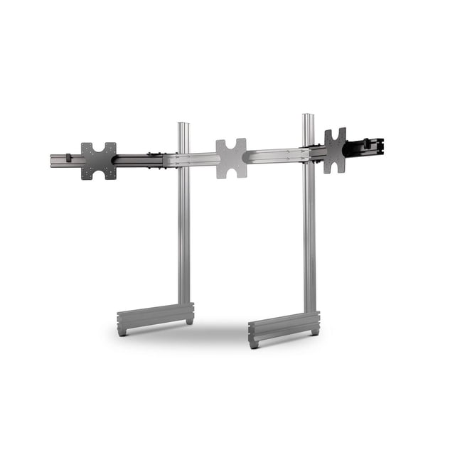 NEXT LEVEL RACING® Elite Freestanding Triple Monitor Stand Add On in anodized silver aluminum extrusion with three black universal VESA mounts for 21-43 inch screens, height-adjustable feet, 500mm horizontal slide, and 18-degree tilt, ideal for customizable triple monitor racing simulator setups.