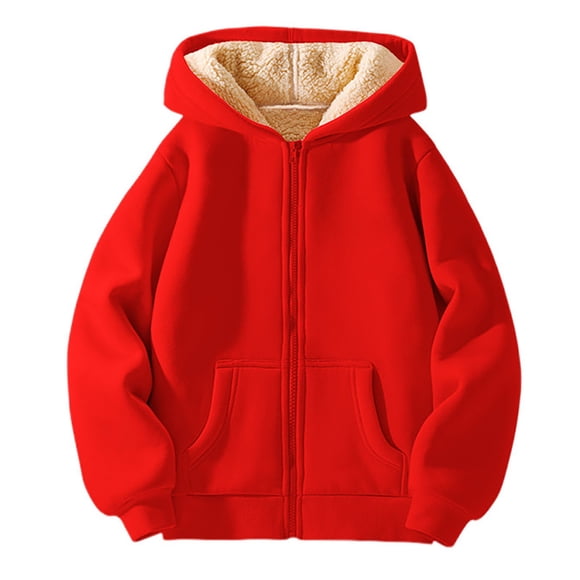 Splozh Boys Hoodie Sweatshirt Children Comfortable Fleece Sweater Jacket Fashionable Solid Color Hooded Fleece Sweater Jacket Red,5-6 Years