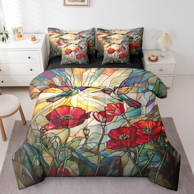 Hummingbird 7 Pcs Comforter Set,Rustic Garden Poppy Red Flowers Botanical Bedding Set,Artistic Stained Glass Style Patchwork Bed Set(Comforter+Fitted+Flat Sheet+Pillowcases+Pillow Covers),King