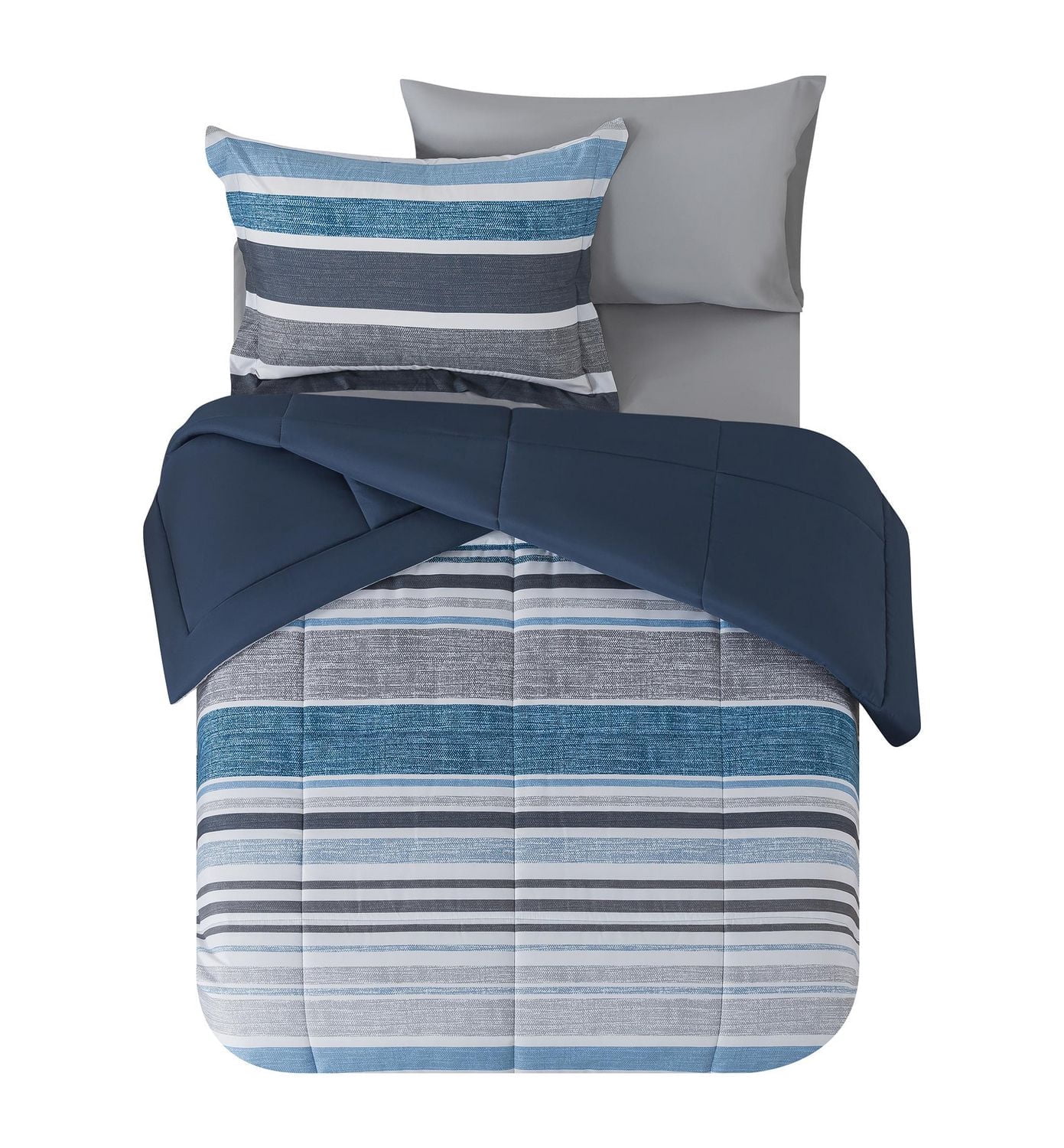 Ensemble de literie tout-en-un réversible Mainstays, avec couette et draps, pièces, à rayures bleues