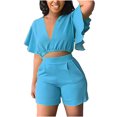 thumbnail image 1 of Mikilon Womens Oversized Stylish Outfits 2 Piece Set Ruffle Short Sleeve V-Neck Top Casual Shorts Summer Plus Size Suit Ruffle Short Sleeve V-Neck Top Casual Shorts Summer Plus Size Suits Blue M, 1 of 8