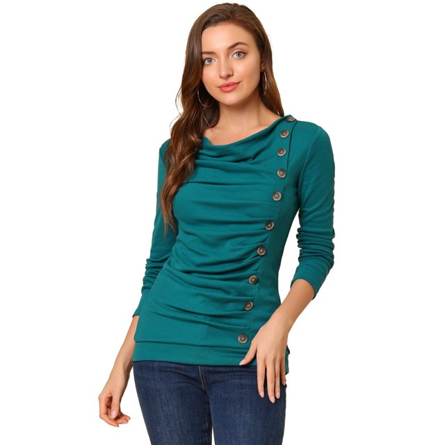 INSPIRE CHIC Haut à Col Bénitier pour Femme à Manches Longues, Décor de Boutons, devant Froncé, Coupe Régulière, Chandail à Enfiler, TG Bleu Vert