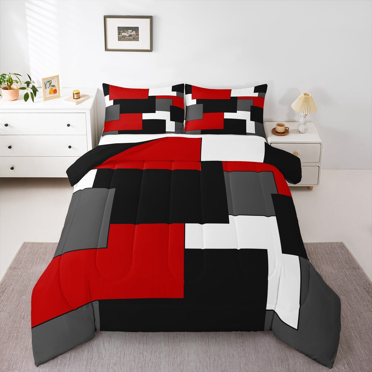 Erosebridal Ensemble de Literie Moderne Abstrait pour Lit Simple, Ensembles de Literie Géométriques Carrés pour Lit Simple avec Couette, Couette Réversible Noire et Rouge, Décor de Chambre Léger, 2 Pcs