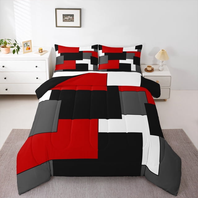 Erosebridal Modern Abstract Comforter Sets, Square Geometric Comforters & Duvets, Black Red Reversible Bedding Comforter Set, Lightweight Bedroom Decor, 2 Pieces