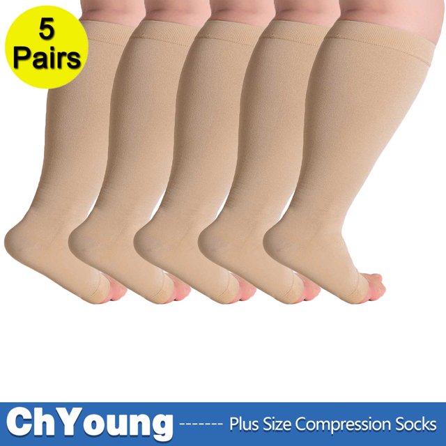 2Pack 4XL Toeless Compression Socks Unisex Extra Wide Calf Open Toe Support Circulation 20-30 mmHg Knee High for Fatigue Pain Leg Swelling Soothing Comfy Gradient Support Prevents Edema B
