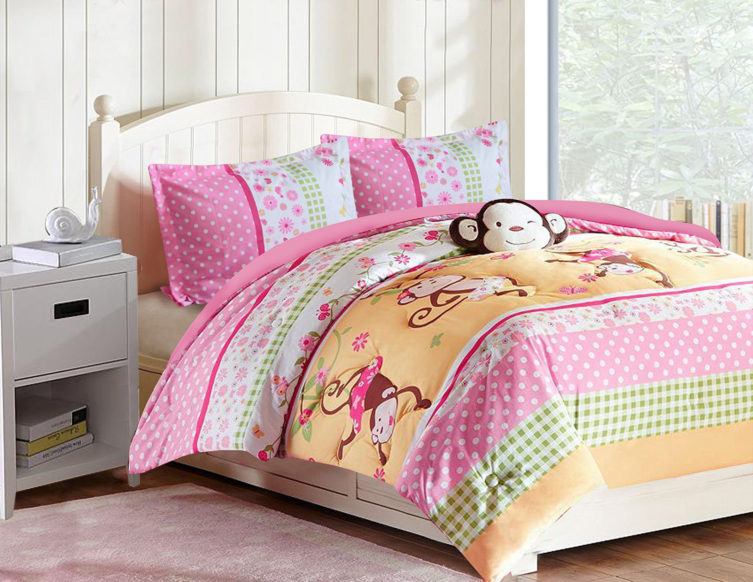All American Collection Super Soft Plush Warm Pink Monkey Bedroom Comforter Set with Furry Friend (Full, 4pc Comforter Set Only)