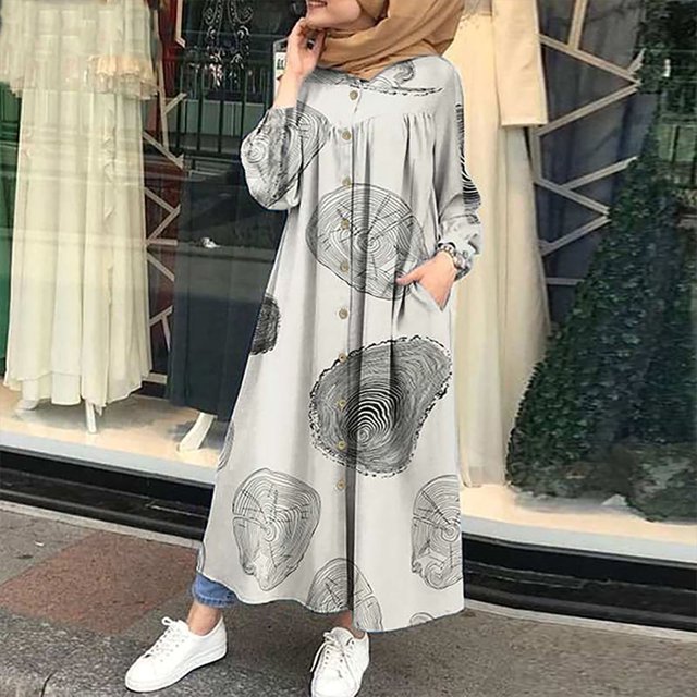 Robes d'Invitée de Mariage pour Femmes Courtes Mode pour Femmes Col en V Ample Manches Longues Coton Lin Imprimé Robe Longueur Cheville Robe Longue Robe d'Été à Manches Longues pour Femmes en Liquidation