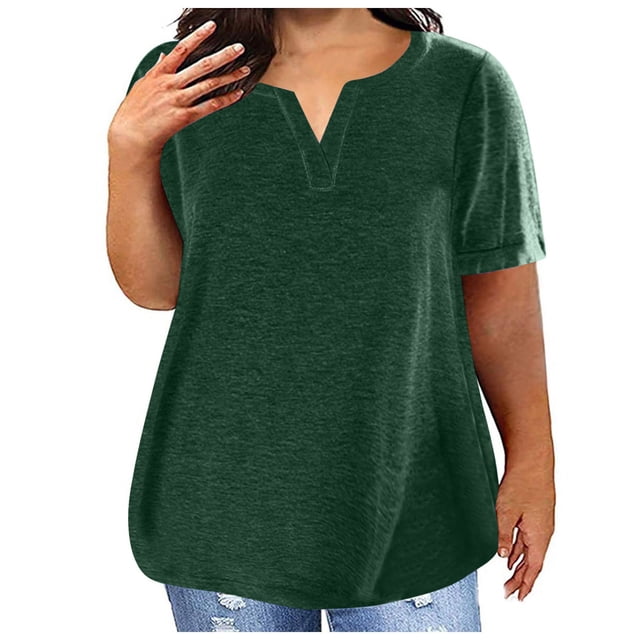Timegard Plus Size Tops for Women V-Neck Short Sleeve Solid Color Comfy Basic Tee Casual Loose Tops