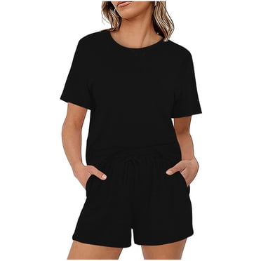Joggers Workout Outfits for Women Short Sweatsuits Tracksuits Two Piece Outfit Sets T Shirt with Biker's Shorts Set