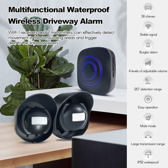 Driveway Multifunctional  Driveway Alarm Waterproof Outdoor Motion Sensor Alarm 1 Receiver 2 Transmitters with 38 Chimes 200m/ 656ft Transmission Range for Indoor Outdoor