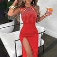 thumbnail image 4 of Robes Rouges pour Femmes Couleur Unie Sans Manches Robe Douce Grande Taille Col Rond Coupe Ajustée Tendance Cocktail Formelle Robe de Bal Maxi Mode Élégante Portefeuille Fendue Blouse Froncée Ourlet Droit Robe,TG, 4 of 7