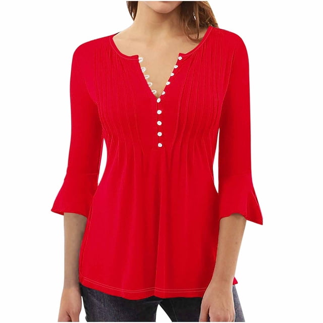 Diufon Womens Dressy Tops Casual Ruffle 3/4 Sleeve Button V Neck Loose Shirts Trendy Solid Color Basic Blouse