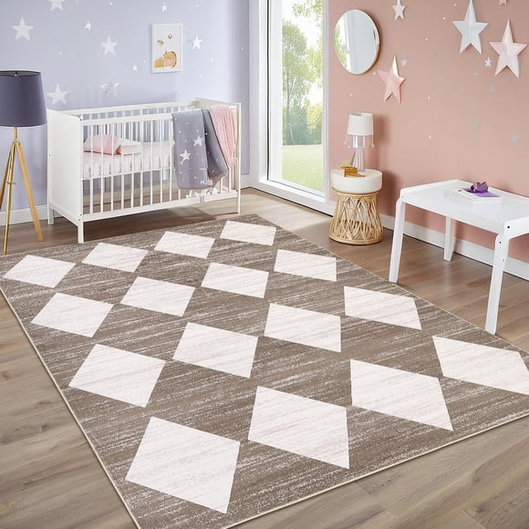 9x12 Washable Area Rug for Living Room Dining Room Neutral Area Rug for Nursery Distressed Checkered Carpet Stain Resistant Farmhouse Floor Cover Brown Rugs