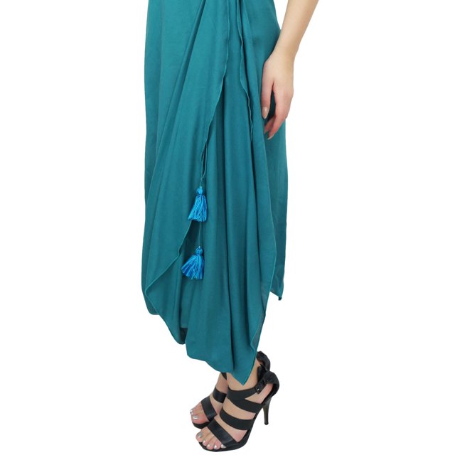Bimba Robe Maxi Drapée à Col Drapé pour Femme Bleu Sarcelle avec Foulard à Franges Tenue de Vacances-10