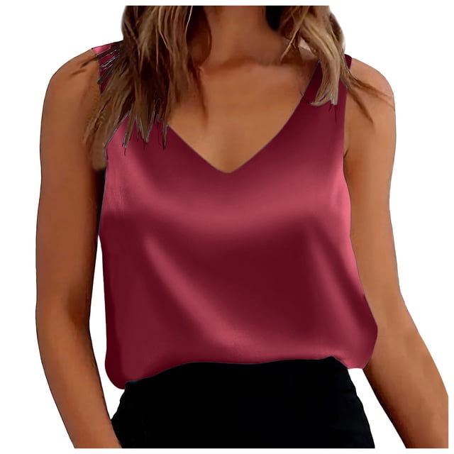 Women's Satin Loose Fit Sleeveless V - Neck Camisole Blouses - Polyester, Printed, Multiple Sizes