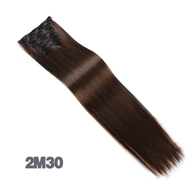 Amdohai 24in Clip in Hair Extensions in color 2M30, featuring 6 pieces with 16 secure and invisible clips. Made of high-temperature fiber, these extensions are soft, tangle-free, and shed-free, blending seamlessly with natural hair. Includes 1 piece with 4 clips, 2 pieces with 3 clips, and 3 pieces with 2 clips for customizable styling.