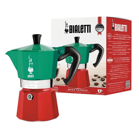 Bialetti Moka Express 6-Cup Aluminum Stovetop Espresso Maker, Tricolore